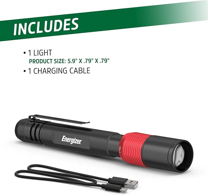 Energizer Rechargeable Penlight, 400 Lumens, IPX4 Water-Resistant, Lightweight Metal Compact Flashlight, Best Indoor and Outdoor Rechargeable Flashlight, Micro-USB Charging Cable