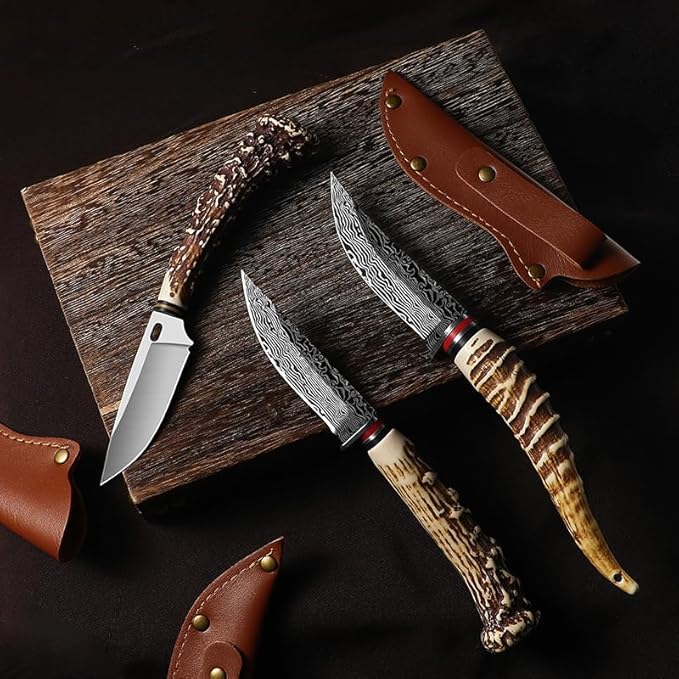 Plys Fixed Blade Knife, Hunting knife set, survival knife, fixed blade knife with sheath, Imitation Antler Handle, self defense weapons, Hand Forged Stainless Steel Camping barbecue Meat knife