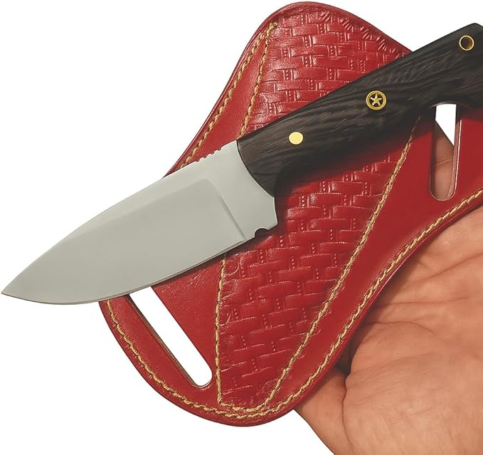 Custom Handmade Hunting Wengi Wood Knife with Leather Sheath - Ideal for Skinning, Outdoor Camping, Hiking - EDC Fixed Blade Bushcraft Knives with Walnut Wood Handle. (Maroon Wengi Knife)