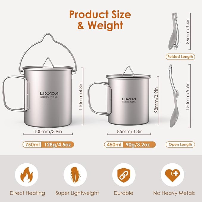 Lixada Titanium Camping Cookware with Folding Spork, 750ml Camping Titanium Pot & 450ml Coffee Mug with Foldable Handle & Lid, Portable Outdoor Camping Cookware Set for Backpacking Hiking Cooking