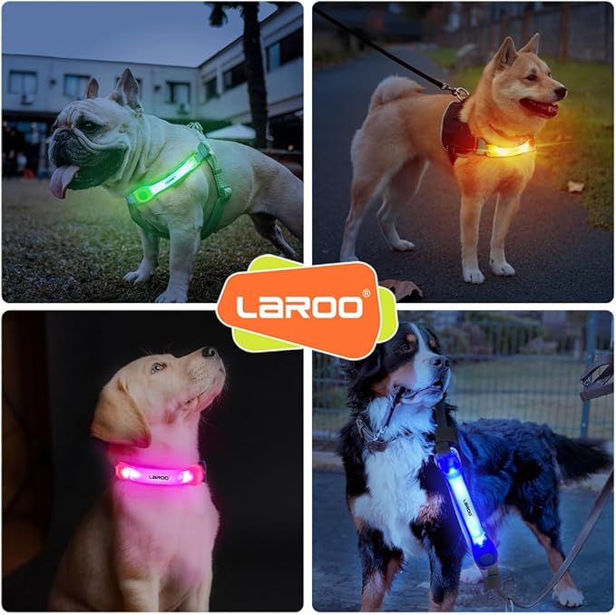 LaRoo Light Up Dog Collar with Nylon Stickers, Universal Glowing Collar Accessories for Leash Harness, Silicone Waterproof Dog LED Flashing Collar Night Outdoor Safety