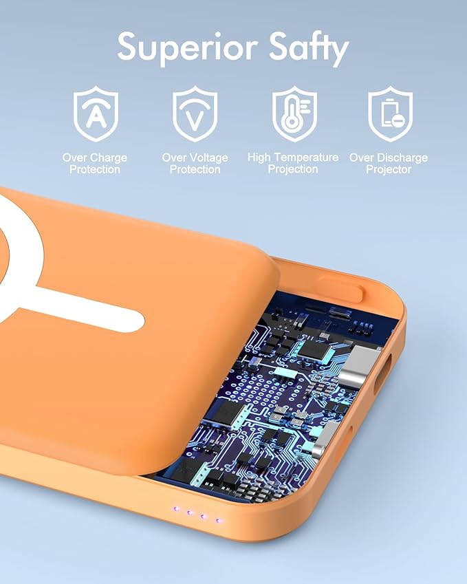 podoru for Magnetic Battery Pack, 5000mAh Magnetic Power Bank with Type-C Cable 20W PD Fast Charging Lighting Input Wireless Portable Charger for iPhone 17/16/15/14/13/12/ All Series-Orange