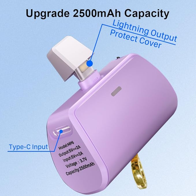 WAVYPO Keychain Portable Charger 2500mAh, Cell Phone Portable Power Bank Pack Mini Power Emergency Pod Fast Charging Compatible for iPhone 14/14 Pro Max/13/13 Pro Max/12/12 Pro Max/11/XR/X/8 (Purple)