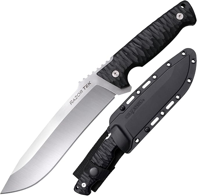 Cold Steel Razor Tek 6.5" 4116 Stainless Steel Recurve Fixed Blade EDC Outdoor Camping Hunting Utility Knife, 5 1/8" Ergonomic Textured Handle, Weather-Resistant Secure-Ex Sheath