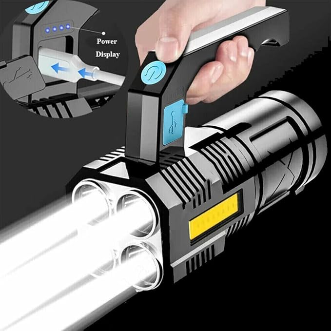 LED Flashlight USB Rechargeable, High Lumens Tactical Light with Sidelight, 4X LED, Zoomable, Handheld Super Brightest Flashlights, Portable Torch for Outdoor Camping Home Emergency Lantern
