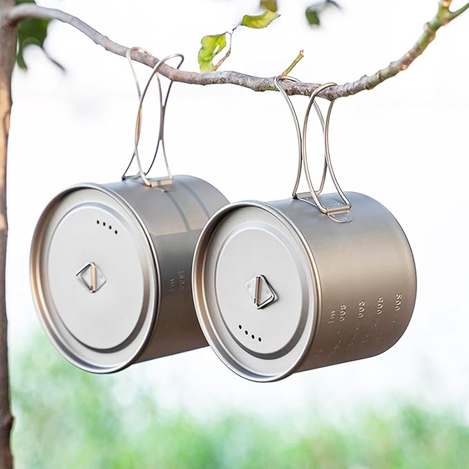 Titanium Pot 900ml & 1100ml & 1600ml Lightweight Camping Cookware for Outdoor Hiking Backpacking Travel, Non-Toxic Druable Cooking Pot with Lid & Folding Handle