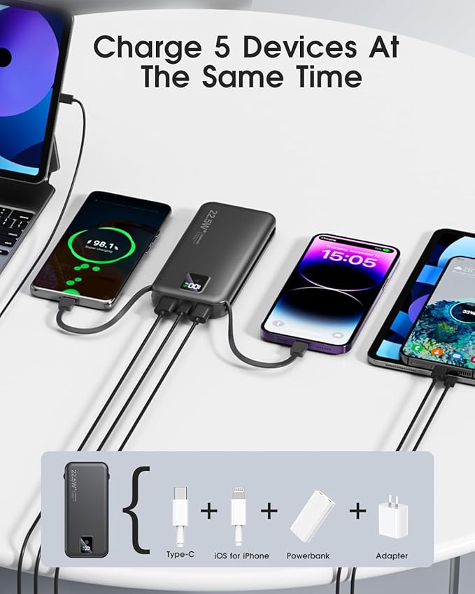 Portable Charger Built-in Cables and AC Wall Plug, 12000mAh power Bank, USB C 22.5W Fast charging Phone Charger ,Compact Lightweight External Battery Pack for iPhones, iPad, Samsung,Tablets, etc.