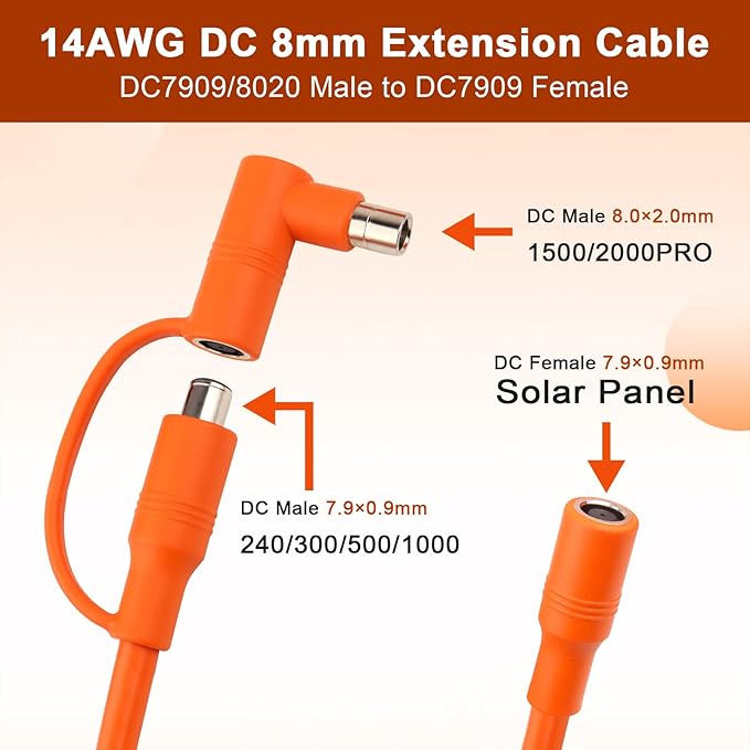 14AWG DC 8mm Extension Cable for Solar Panel 100FT,DC7909 Solar Panel Cable Female to Male with DC8020 Male Adapter Compatible with Aker,GZ Yeti,BLUETT,Jackery Portable Power Station-100 Foot