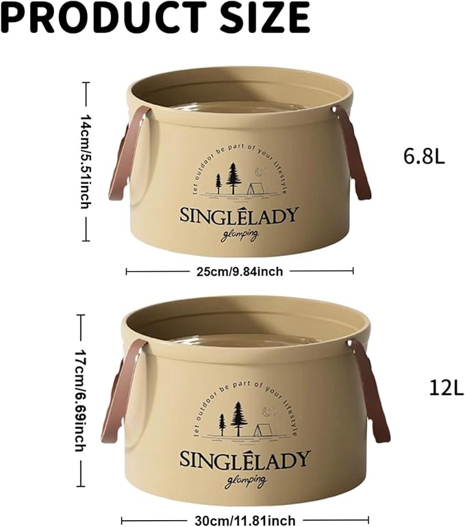 New Collapsible Travel Basin, Portable Leakproof Collapsible Bucket with Handle, Multifunctional Lightweight Foldable Water Bucket Bag for Outdoor Camping, Cleaning, Laundry & Foot Soaks (6.8L+12L)