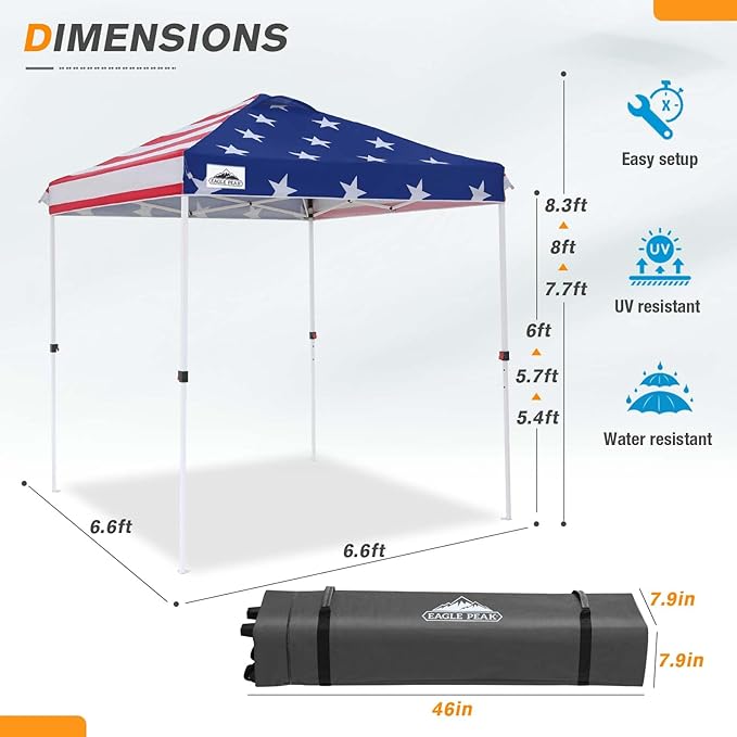 EAGLE PEAK Pop Up Canopy Tent with Wheeled Carry Bag, 8 Stakes, 4 Ropes, Easy Set Up Tent Canopy, 6.6x6.6 ft, American Flag
