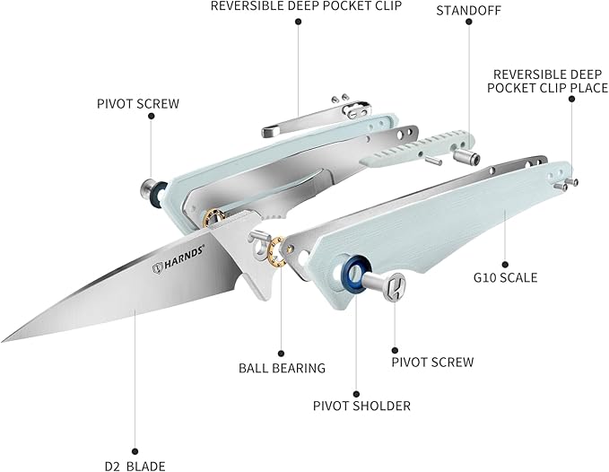 Qingluan Folding Knife with Pocket Clip, D2 Steel Blade 3.54'' and G10 Handle Outdoor Adventure knife EDC Camping Knife (Cyan)