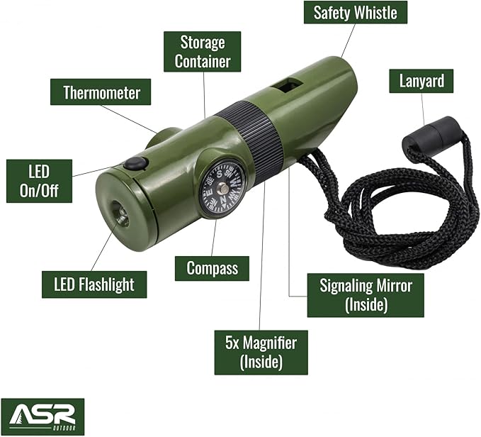 Kids Survival Outdoor Camping Multi Tool Whistle Compass LED 7 in 1 Flashlight