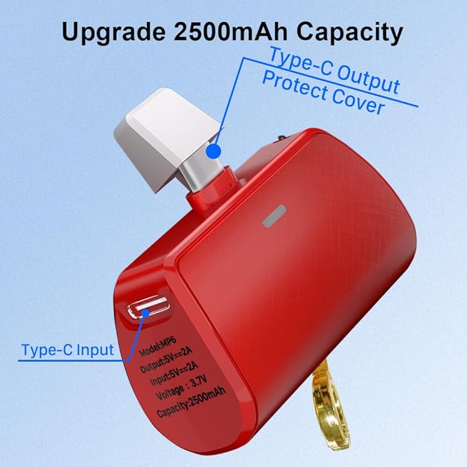 WAVYPO Keychain Portable Charger 2500mAh, USB-C Cell Phone Portable Power Bank, Compatible for iPhone 16/15/15 plus/15 pro/15 pro Max/Android/Samsung/Moto/LG (Red)