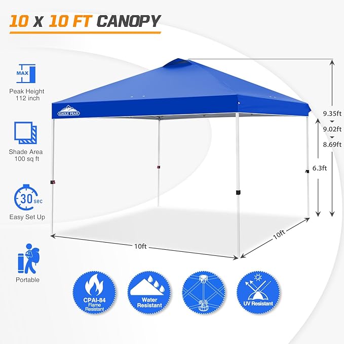 EAGLE PEAK Pop Up Canopy Tent with Wheeled Carry Bag, 8 Stakes, 4 Ropes, 4 Weight Bags, Easy Set Up Tent Canopy, 10x10 ft, 100sqft of Shade, Blue