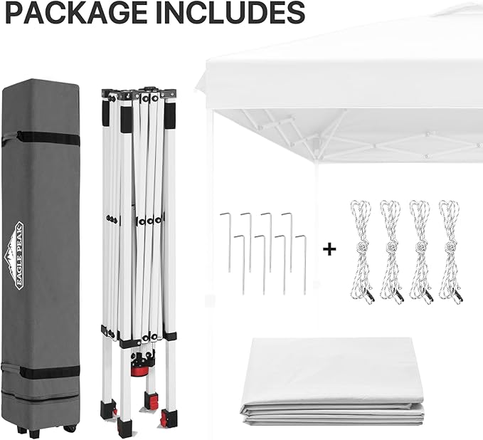 EAGLE PEAK Pop Up Canopy Tent with Wheeled Carry Bag, 8 Stakes, 4 Ropes, Easy Set Up Tent Canopy, 8x8 ft White