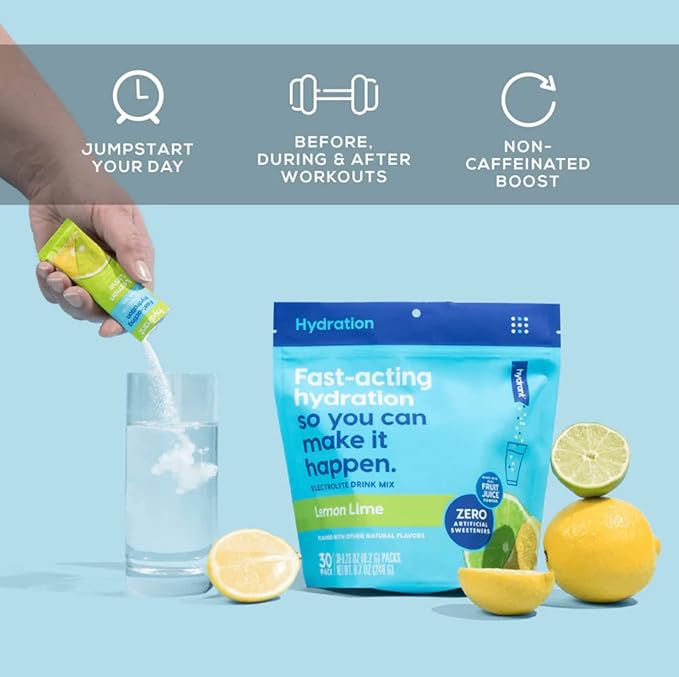 HYDRANT - Hydrate Electrolyte Powder, Lemon Lime Flavor, 30 Rapid Hydration Individual Stick Packs - Low Sugar Drink Mix for Daily Use, Travel & Workouts