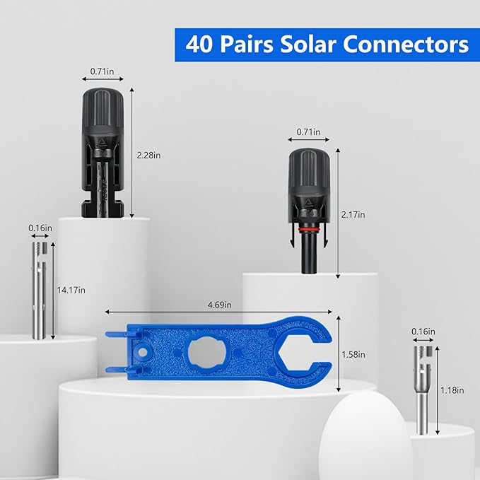 80PCS Solar Connectors, 40 Pairs IP67 Waterproof Solar Panel Connectors with 2 Spanners, Suitable for Solar Wire 14-10 awg.(Without Solar Crimper)