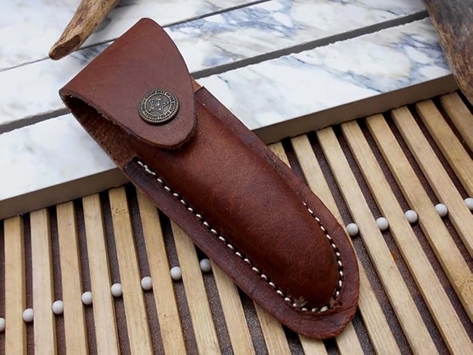 Laguiole Folding Damascus Steel Knife, 8.6" Long with 4.1" Hand Forged Custom Twist patren Blade. Wine 2 Tone Dollar Wood & Brass Bolster Scale. Cow Hide Leather Sheath Included (White)