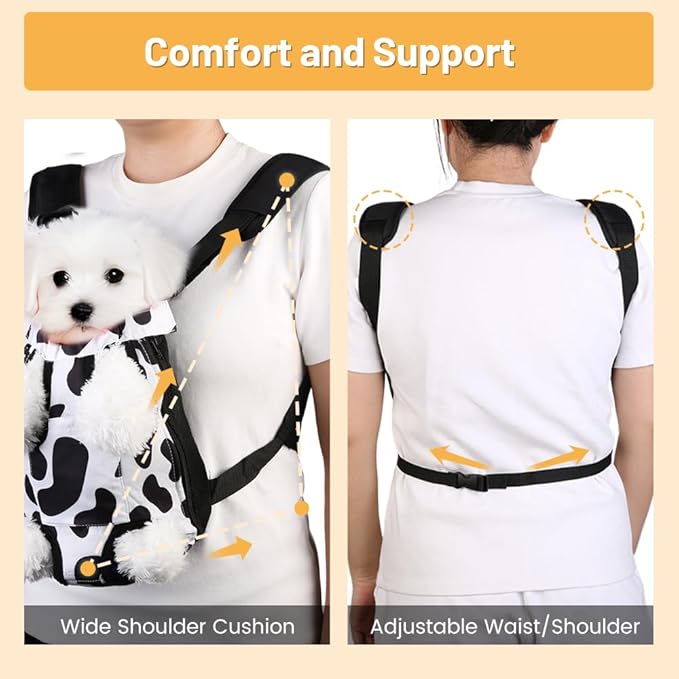 Inspack Dog Backpack Carrier/Cat Carrier, Adjustable Pet Front Carriers Travel Bag for Puppy Medium Dogs, Legs Out, Soft Ventilated Dog Chest Carry Backpacks for Hiking/Camping, 10-16 lbs, Cow Print