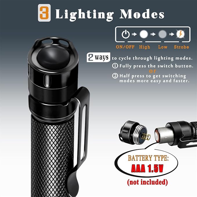 Pen Light Flashlight 3 Modes Mini Small Flashlights Tactical LED Powerful High Lumens with Clip,Slim Portable Pocket Compact Torch for Emergency Inspection AAA Battery Water-Resistant