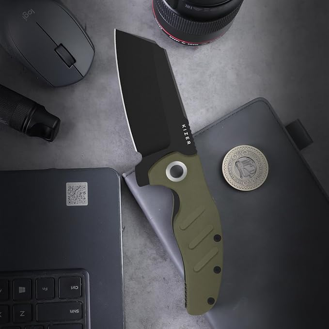 Kizer C01C XL Sheepdog Pocket Knife, 3.9" D2 Sheepsfoot Blade EDC Folding Knife with Green G10 Handle, Liner Lock, Flipper, and Pocket Clip, Camping Survival Knives for Men Women, V5488M1