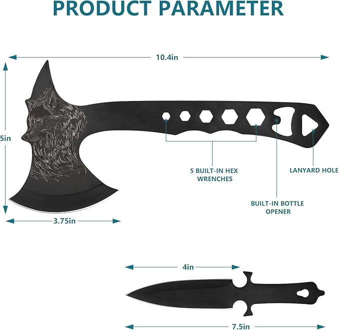 Throwing Axe and Tomahawk 3 Pack Protective Nylon Sheath with Built-in Corkscrew,10.4" Full Tang Stainless Steel Throwing Tomahawk
