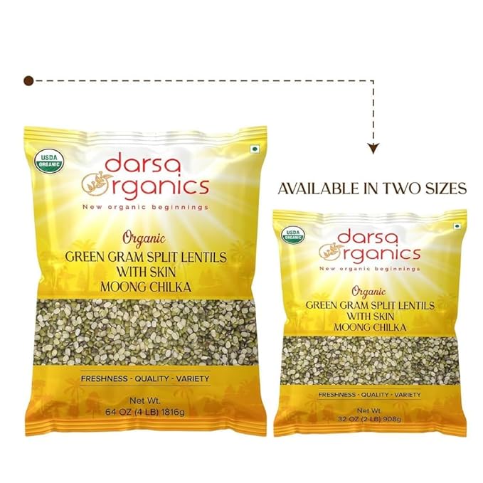 Darsa Organics Mung Split Lentils with Skin, Moong Dal with Skin 2 lb - USDA Organic Green Lentils, Non-GMO, Kosher, Chemical-Free, Protein Rich Organic Split Green Gram, Gluten-Free, Vegan