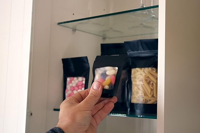 HANSER | Smell Proof Odorless Mylar Resealable Foil Pouch Bags with clear Window | Stand up bottom | Airtight | matte black | 100 Pieces | 4.8x8.2 Inches