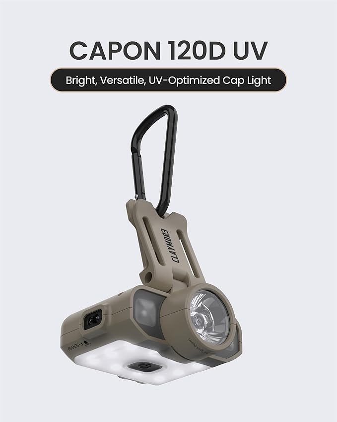 Claymore Capon 120D UV (Tan) - LED Rechargeable Clip-On Cap Headlamp, Lightweight Hat Light for Camping, Running, Hiking, Emergency & Industrial Use, Waterproof, Up to 45 Hours of Battery Life.