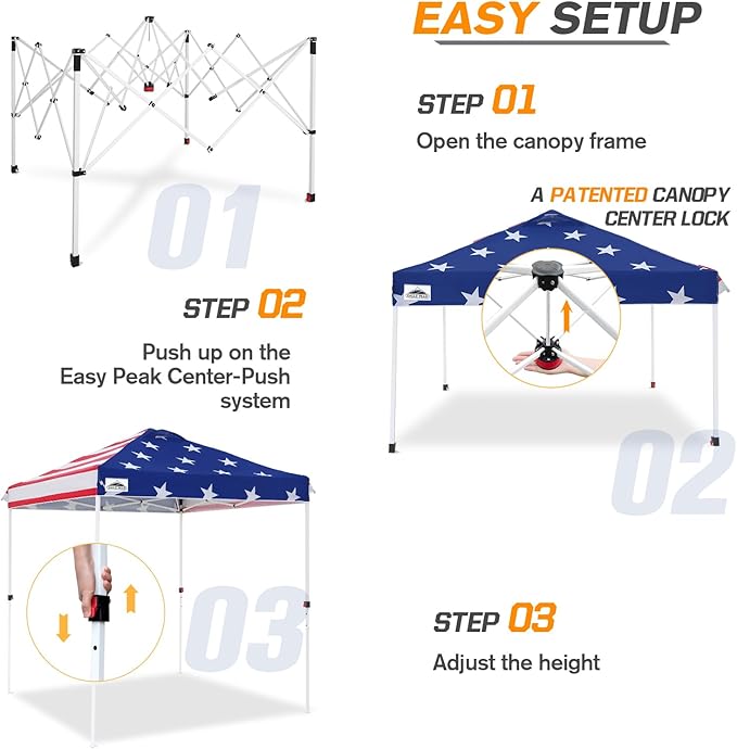 EAGLE PEAK Pop Up Canopy Tent with Wheeled Carry Bag, 8 Stakes, 4 Ropes, Easy Set Up Tent Canopy, 6.6x6.6 ft, American Flag