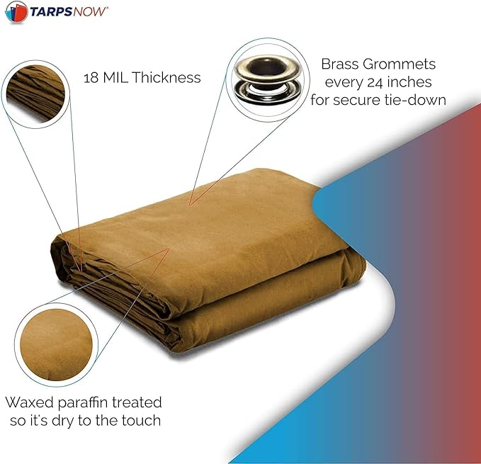 Tarps Now 6x8 ft Heavy Duty Canvas Tarp | 18 MIL Industrial Grade, Tear Resistant, Reinforced Edges, Nickel Plated Grommets | Ideal for Construction, Trucking, Manufacturing, Automotive – Tan Color