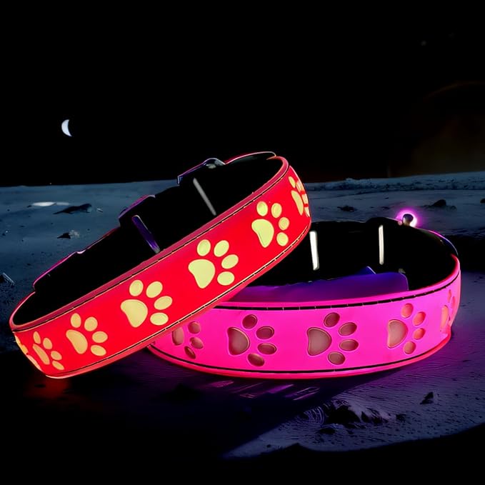 LED Light Up Dog Collar, USB-C Rechargeable, Multicolor Paw Print Design, 15 Modes Lighting Night Safety (Pink, XL(19.7-23.6"))