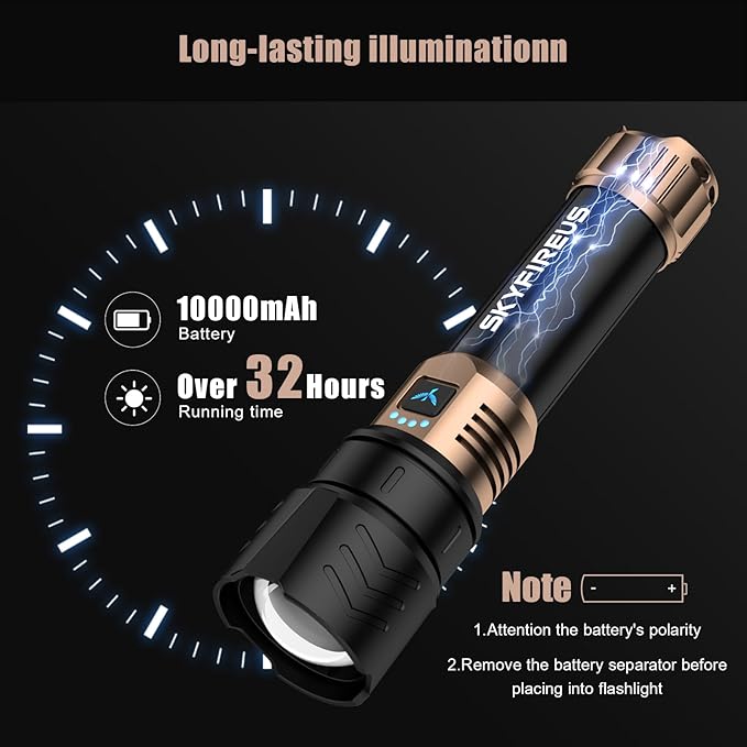 SKYFIRE LED Flashlights High Lumens,10000mAh Super Bright Rechargeable Flashlight,Zoomable,Four Modes,Waterproof Flash Light for Camping Essentials,Outdoor and Home Emergencies-No Lens