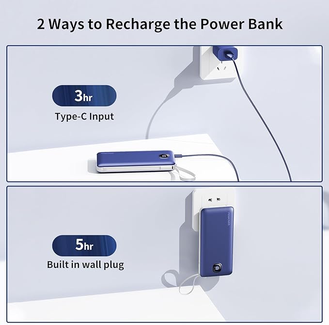 Portable Charger with Built-in Cables&AC Wall Plug,Slim 10000mAh 22.5W Fast Charging Power Bank,5 Output 2 Input USB-C External Battery Pack Compatible with iPhones,Samsung,Android, etc