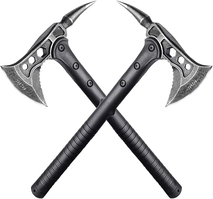 JXE JXO Camping Axe, Throwing Tactical Tomahawk with Spike, Survival Hatchet with Sheath, Nylon Fiber Handle for Outdoor Survival Hiking Camping (2 Pack)