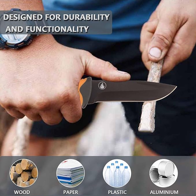 Fixed blade hunting knife-Stainless Steel Blade,Fixed blade knife with sheath, Fire Starter, Sharpener, Whistle and Compass,Survival Tactical Knife for Hunting,Fishing,Camping and Bushcraft