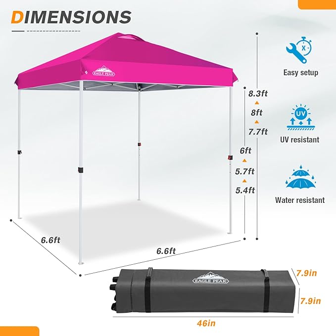 EAGLE PEAK Pop Up Canopy Tent with Wheeled Carry Bag, 8 Stakes, 4 Ropes, Easy Set Up Tent Canopy, 6.6x6.6 ft, Pink