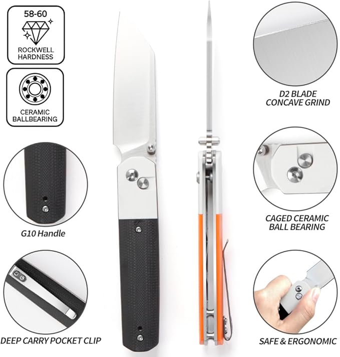 ioko Folding Pocket Knife, Stainless Steel Blade, Black G10 Handle, Modern Design (black)