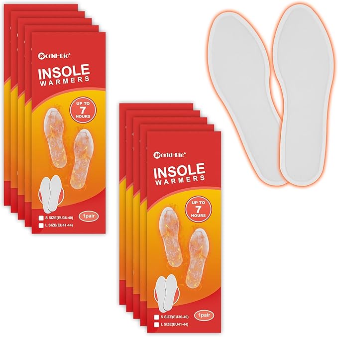 WORLD-BIO Disposable Insole Foot Warmers 7/10/16/40 Pairs Value Pack, Provide 12 Plus Hour Heating, Long Lasting Safe Natural Odorless Air Activated Warmer for Toe Hand Body, Hot Foot Warmers for Kids