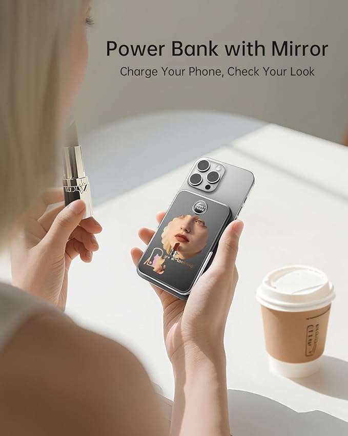 iWALK Magnetic Portable Charger 5,000mAh, Wireless Power Bank with Mirror & Foldable Stand, Ultra Slim Battery Pack with USB-C Cable, MagSafe Compatible for iPhone 17/16/16 Plus/16 Pro/15/14/13/12