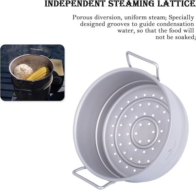 iBasnigo 2.2L Titanium Pot with Steamer Lightweight Portable Cookware Set for Camping Hiking Kitchen Cooking US-Ti2111C