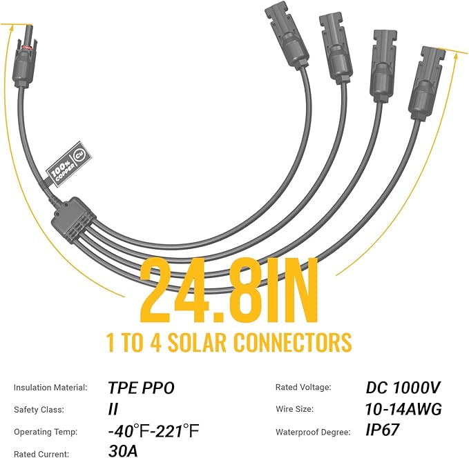 BougeRV Solar Y Branch Connectors Extra Long Solar Panel Parallel Connectors 1 to 4 Solar Cable Wire Plug Tool Kit (M/FFFF and F/MMMM)
