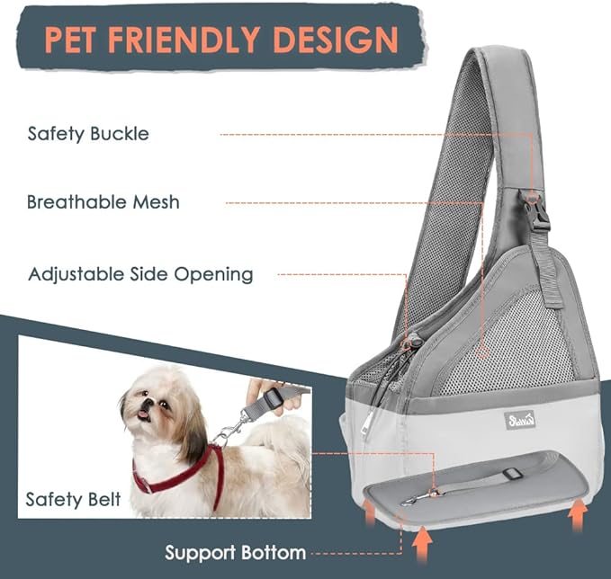 SlowTon Pet Dog Sling Carrier, Hands Free Hard Bottom Papoose Small Animal Puppy Up to 11 lbs Travel Bag Tote Breathable Mesh Support Adjustable Padded Strap Pocket Safety Belt Machine Washable