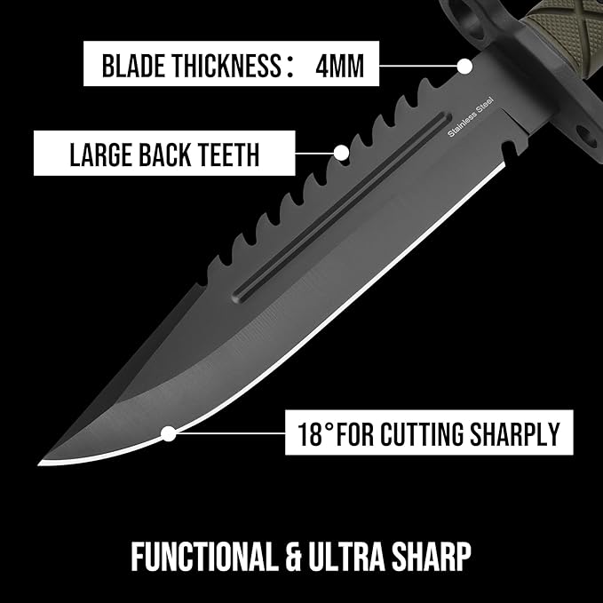 15" Fixed Blade Tactical Knives with Sheath, Stainless Steel Survival Hunting Bushcraft Full Tang Non-Slip Handle Knife with Serrated Blade Back for Camping Adventure EDC