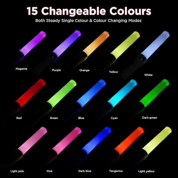 BINWO Reusable LED Glow Stick with 15 Multicolor(1pcs), Equipped with 3 x AAA Batteries Powered LED Stick, Concert Glowstick, Raves (15+ Years Old)