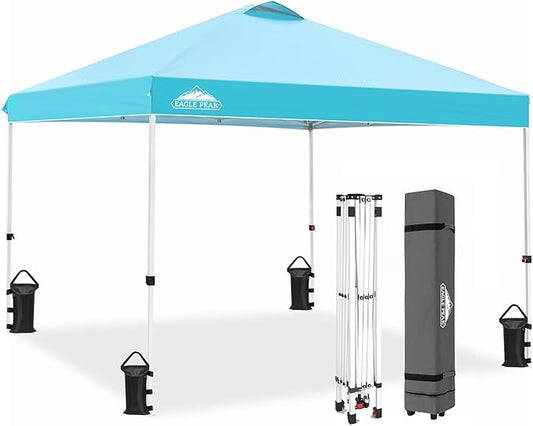 EAGLE PEAK Pop Up Canopy Tent with Wheeled Carry Bag, 8 Stakes, 4 Ropes, 4 Weight Bags, Easy Set Up Tent Canopy, 10x10 ft, 100sqft of Shade, Light Blue