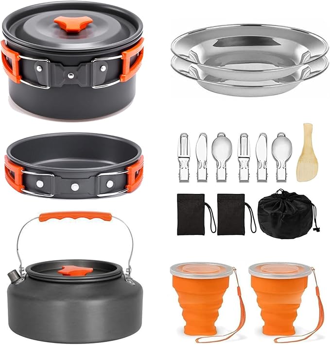 Camping Cookware Camping Cooking Set, Non-Stick Pots and Pans with Kettle, 2 Stainless Steel Plates, 2 Water Cups, 2 Sets of Knives and Forks, Spatula, Dish Towel, Backpack Storage Bag