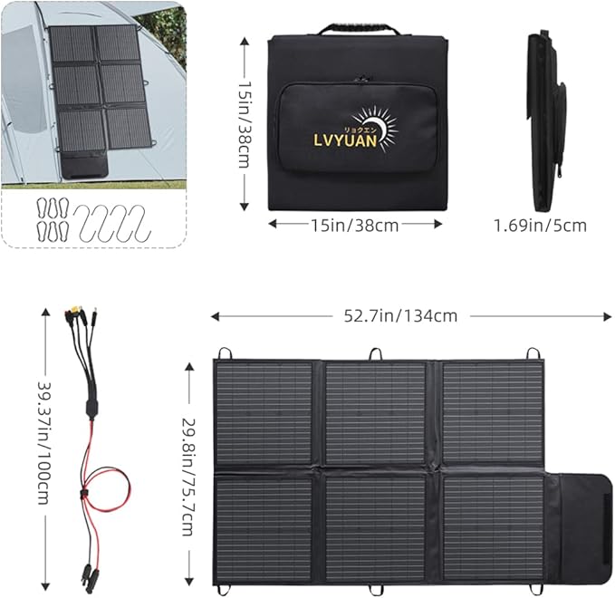 LVYUAN 120W Portable Solar Panel Foldable Blanket, Monocrystalline Huge Power Solar Panel, Solar Cells 23% High Efficiency for Outdoor Adventures Power Station Camping RV Solar Generator