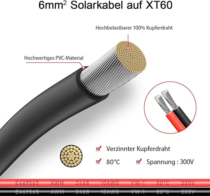 10AWG 10FT XT60 Solar Cable 2 10 25 35 50 75 100FT XT60 Extension Cable Solar Panel Connector to XT60 Connector for Portable Power Station (10FT)