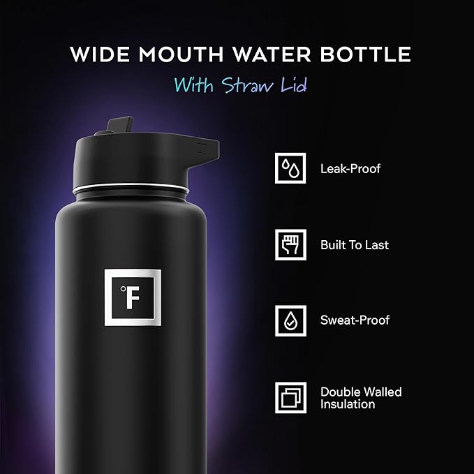 IRON °FLASK Camping & Hiking Hydration Flask with 3 Lids - Stainless Steel, Double Walled & Vacuum Insulated Water Bottle - Leak Proof & BPA Free (Dark Rainbow, Straw - 40 oz)